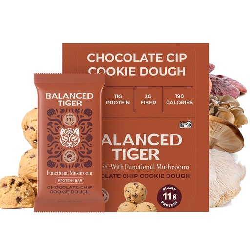 [BRSW2FAPB57WYHT2] Balanced Tiger Vegan Protein Bars | Plant Based Protein Bars w/Functional Mushrooms - Lions Mane, Shitake, Reishi & Maitake | Chocolate Chip Cookie Dough Flavor, 12 Pack