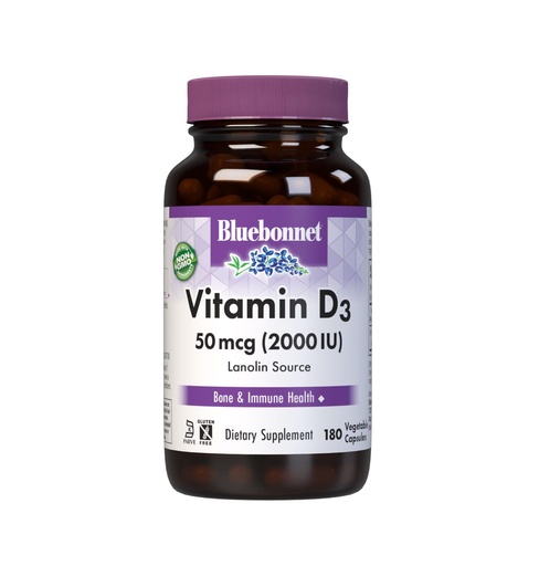 [BRSWIZYZOMBWKYLO] Bluebonnet Nutrition Vitamin D3 2000 IU Vegetable Capsule, Aid in Muscle and Skeletal Growth, Cholecalciferol from Lanolin, D3, Non GMO, Gluten Free, Soy Free, Milk Free, Kosher, 180 Vegetable Capsule