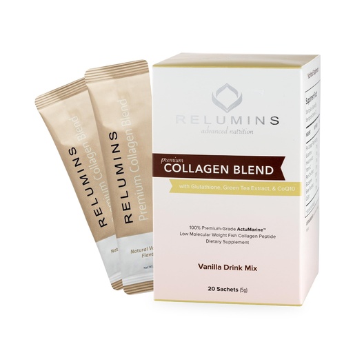 [BRSROEATBMFQKCDU] Relumins Marine Collagen Drink Mix 5000mg Type I, II, III Peptides with Glutathione, Green Tea, CoQ10 & Hyaluronic Acid for Smooth Glowing Skin - Vanilla Flavor - 20 Sachets + 2 Free