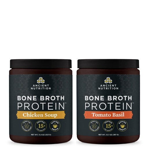 [BRSRMFL2BANGGD3X] Ancient Nutrition Bone Broth Protein Powder, Chicken Soup, 15 Servings + Bone Broth Protein Powder, Tomato Basil, 15 Servings