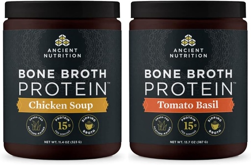 [BRSRMFL2BANGGD3X] Antzinako hezur-proteina-hautsa, oilasko zopa, 15 zerbitzu + hezur-hautsa, Tomato Basil, 15 zerbitzu