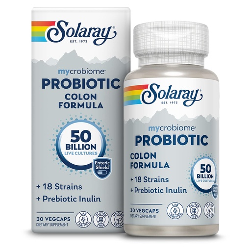 [BRSWG2YEBEFAA3IY] SOLARAY Mycrobiome Probiotic Colon Formula, Vegan, Digestive Function, Colon Health, and Immune System Support, 50 Billion CFU, 18 Strains, Prebiotic Inulin, 60-Day Guarantee, 30 Servings, 30 VegCaps