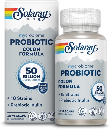 [BRSWG2YEBEFAA3IY] SOLARAY Mycrobiome Probiotic Colon Formula, Vegan, Digestive Function, Colon Health, and Immune System Support, 50 Billion CFU, 18 Strains, Prebiotic Inulin, 60-Day Guarantee, 30 Servings, 30 VegCaps