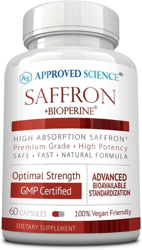 [BRSROGILCAMGYFLH] Approved Science® Saffron Standardized to 3% Crocin, 2% Safranal - High-Absorption BioPerine - Vegan, 60 Capsules - Pack of 1