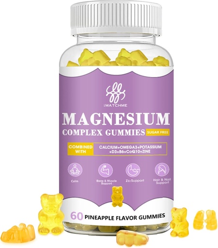 [BRSRAAQ6PIMGODTH] iMATCHME Magnesium Glycinate Gummies with Magnesium Malate, Taurate, Citrate, Potassium Complex Supplement with CoQ10, Calcium, Supports for Memory, Bone, Calm, Sleep, 60 Pineapple Gummies