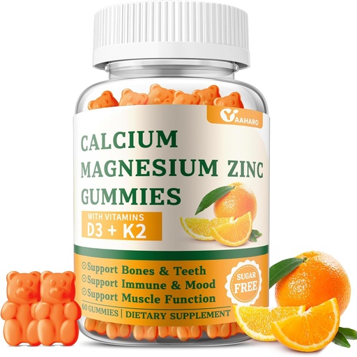 [BRSRAZL7BV5B4HIU] Calcium Magnesium Zinc Gummies with Vitamin D3 & K2 - Sugar Free Calcium Gummies for Women and Men - Bone & Immune Support - Non-GMO, Gluten-Free, Orange Flavored - 60 Gummies