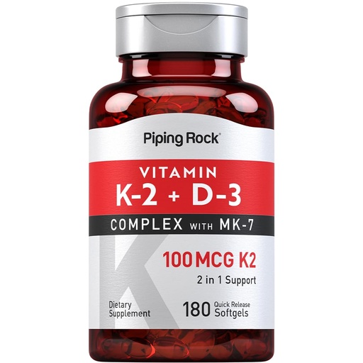 [BRSWYAYOOAOQYG3L] Piping Rock Vitamin K2 D3 Supplement | 100 mcg | 180 Softgels | Complex with MK7 | Non-GMO, Gluten Free