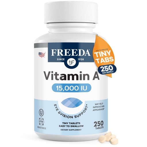 [BRSWIYIKBR5GA3T2] Freeda Vitamin A 15,000 IU – Retinyl Palmitate – Vegan, Kosher, No Fish – Eye, Vision, Immune & Skin Support – Tiny Easy-to-Swallow Tablets – VIT A Vitamina A Supplement – 250 Tablets