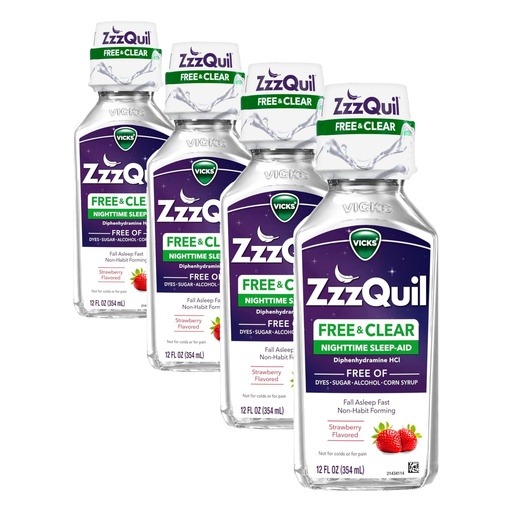 [BRSRAY35DIFAK3DL] ZzzQuil, Nighttime Sleep Aid Liquid, Free of Alcohol & Artificial Dyes, 50 mg Diphenhydramine HCl, No.1 Brand, Fall Asleep Fast, Non-Habit Forming, Soothing Berry Flavor, 12 FL OZ (Pack of 4)