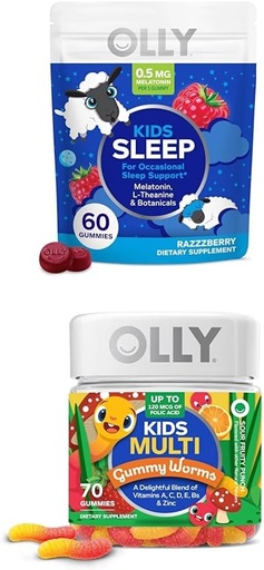 [BRSROCAYCAMQEADZ] OLLY Kids Sleep Gummy, Melatonin, L Theanine, Chamomile, 60 Count och Kids Multivitamin Gummy Worms, Vitaminer A C D E Bs Zink, 70 Count