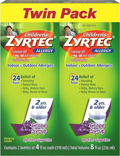 [BRSWGHAQDICA4DT3] Zyrtec 24 Hr Children's Allergy Syrup with Cetirizine, Sugar-Free Grape, Twin Pack of 4 fl. oz