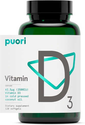 [BRSWGYYTOUOROHTU] Vitamin D3 Supplement with Organic Coconut Oil for Optimal Absorption | Healthy Muscle Function, Bone Health, Immune Support, Non GMO | 2500 IU, 120 Softgel - by Puori