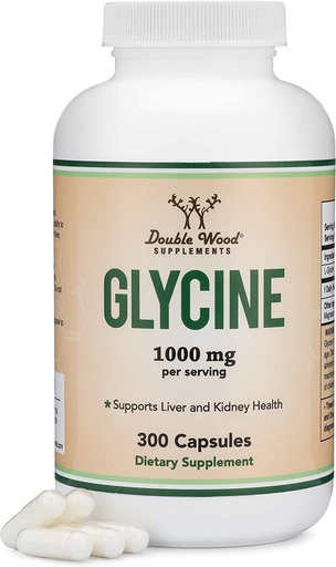 [BRSWYFAKCEBQGYD3] Glycine Supplement - 1000 mg Glycine pulver per servering (300 kapsler) Avslappende Aminosyre (Glicina) (Tredjeparts testet, Glutenfri, Ikke-GMO) ved Dobbel Tre