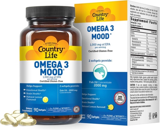 [BRSWIY3YPN4BWE3K] Country Life Omega 3 Mood – 2000mg Fish Oil with EPA &apos; DHA – Brain, Heart &apos; Mood Support – Lemon Flavored, No Fishy Aftertaste – Certified Gluten Free, Non-GMO – 90 Softgels