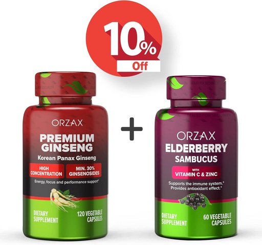 [BRSRMATYBECQK336] ORZAX Ginseng, 30% Ginsenosides, Premium 120 Vegetable Capsules and Elderberry Capsules, 2000mg 60 Vegetable Capsules, Bundle