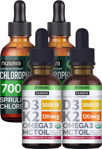 [BRSROHT7OUFBG2T2] NUSAVA Strawberry Flavored D3 K2 Drops and Chlorophyll Liquid Drops Bundle - Potent Liquid Vitamins for Heart, Joint, Energy, & Immune Support - Non-GMO, Gluten-Free, 2pk Each