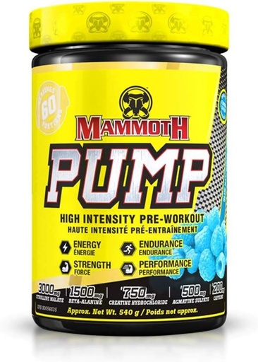 [BRSWKEL2AUJQKFI7] MAMMOTH PUMP – Pre Workout Powder, Superior Muscle Pumps, Increase Strength & Endurance, Explosive Power & Energy Supplement, Heightened Focus, Quick Recovery, Reduced Soreness (60 Serves, Blue