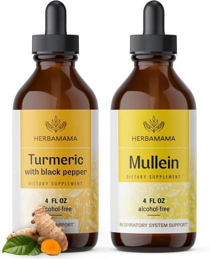 [BRSRAGA5OIARMHQV] HerBAMAMA Liquid Drops Kit - Bundle of Turmeric Curcumin Extract &amp; Mullein Leaf Tincture - Vegan, Non-GMO, Sugar &amp; Alcohol-Free - 2 Pack