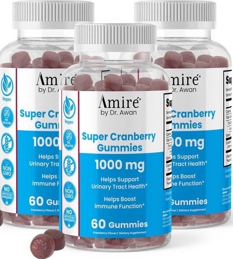 [BRSRMEINBUNQ4HT6] Amire by Dr. Awan Super Cranberry Gummies, Helps Support Urinary Tract Health, Helps Boosts Immune Function, Gelatin-Free Cranberry Chews for Men & Women, 180ct, 90-Day Supply
