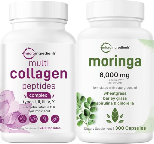 [BRSRAHA3DMCAM3I7] Micro Ingredients Multi Collagen Complex 240 Capsules & Moringa Oleifera 6,000mg Equivalent 300 Capsules Bundle 2 Pack | Hydrolyzed Protein Peptides | Antioxidant Supplement