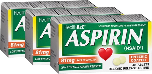 [BRSROBQ2OENBSADO] HealthA2Z® Aspirin 81 mg | Low Strength | Enteric Coated | Pain Relief | Reduces Minor Aches Muscle Pain & Cramps | Fever Reducer | Reduces Headache (40 Counts (Pack of 3))
