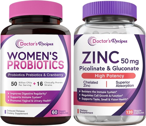 [BRSRAAIPDIDQIHQ2] Doctor's Recipes Women’s Probiotic & Zinc Bundle, Digestive, Vaginal & Urinary Health, Natural Immune Defense, Delayed Release Probiotic Capsules 60ct & Zinc Capsules 120 ct