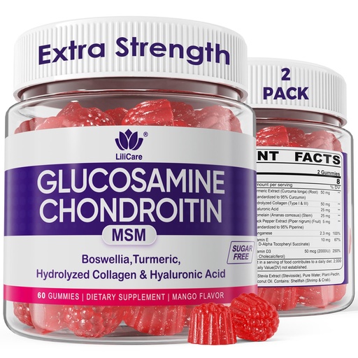 [BRSROEALOQCWACL6] Glucosamine Chondroitin Gummies, Sugar Free Glucosamine Chondroitin MSM Supplement, Extra Strength with Boswellia Turmeric, Hydrolyzed Collagen & Hyaluronic Acid, Bone Health for Men & Women, 120 Cts