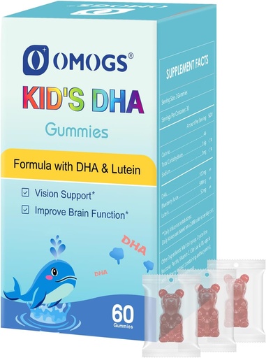[BRSRAYYKPJ5AI2QY] OMOGS Children’s DHA Blueberry Flavoured Gummies, with Lutein, Omega-3 & Vitamin C Algae DHA, for Eye Health, Brain Health & Healthy Immunity, Gluten Free, Vegan, 60 Gummies.