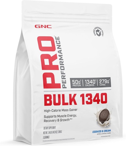 [BRSWGAYTDIOWKH3G] GNC Pro Performance Bulk 1340 Mass Gainer Protein Powder, 50g, Gluten Free, Whey, Creatine, BCAA, 3rd Party Tested, Muscle Recovery & Growth, Micronutrients, Cookies and Cream, 9 Servings