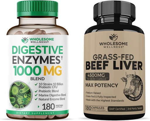 [BRSROBQEOUNRUHT6] Wholesome Wellness Digestive Enzymes 1000MG Plus Prebiotics & Probiotics + Grass Fed Desiccated Beef Liver Capsules Bundle