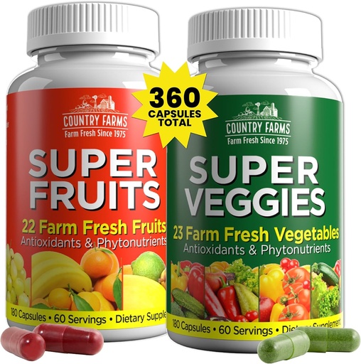 [BRSW2BIOCAMQMD3F] Country Farms Fruits and Vegetables Suplemen, 180 Buah dan 180 Veggie Capsules, Hijau dan Reds Dikemas dengan SuperFood, Powerful Antioksidants, 60 Servis