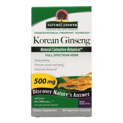 [BRSWIYQYOAIBSHDK] Nature's Answer Korean Ginseng | Supports Focus & Memory | Vegan, Gluten-Free, Non-GMO & Kosher Certified | 50ct