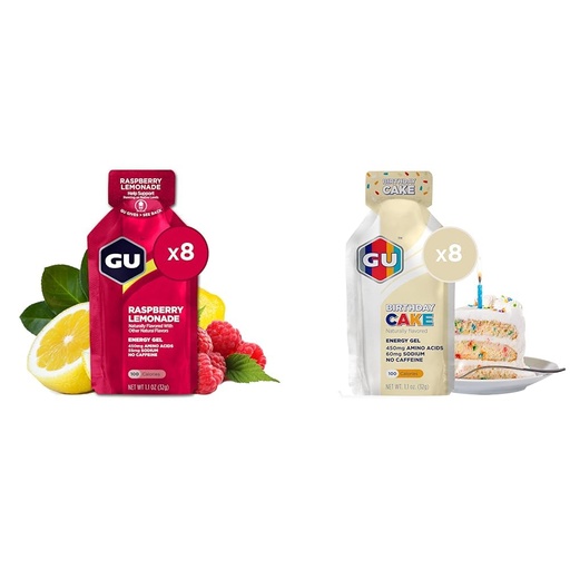 [BRSRAYYYCUNQMH3A] GU Energy Gel 8-Count Raspberry Lemonade and Birthday Cake Sports Nutrition Energy Gel Bundle
