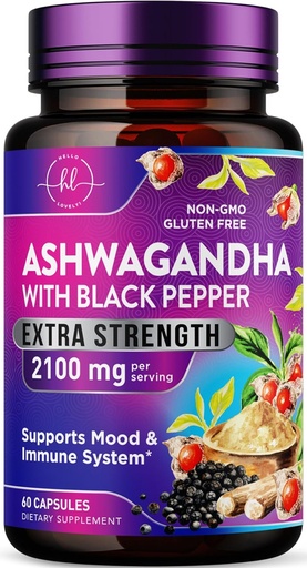 [BRSRAZL4ABYQACLO] Ashwagandha 2,100 mg - Ashwagandha Supplements for Women in Veggie Capsules with Powder & Root Extract, Black Pepper for High Absorption, Plant Based, Non-GMO, Bottled in USA - 60 Veggie Capsules