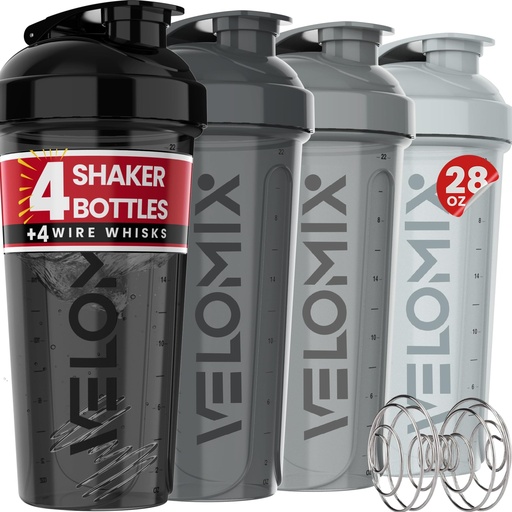 [BRSROCTRCN7W23Y2] VELOMIX -4 Pack- 28 oz Protein Shaker Bottles for Protein Mixes - 4x Wire Whisk | Leak Proof Shaker Cups for Protein Shakes | Stackable Protein Shaker Bottle Pack (Silver Mix)