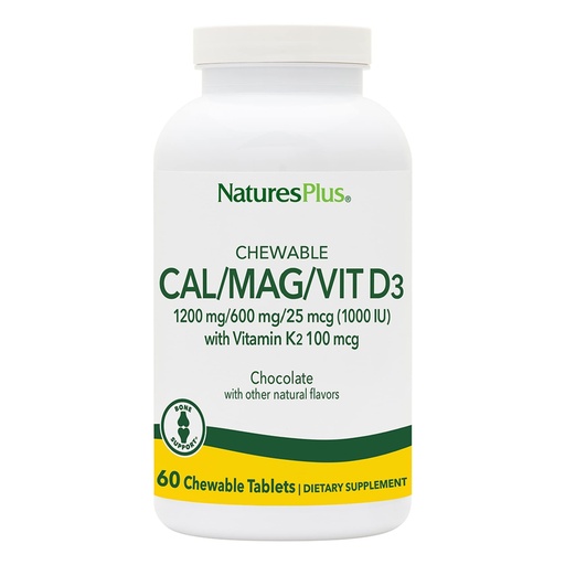 [BRSWIY3YON4WMGY5] NaturesPlus Cal/Mag/VIT D3 with Vitamin K2-60 Chewable Tablets - Chocolate Flavor - Calcium, Magnesium, Vitamin D3 & K2 Bone Health Support Supplement - 30 Servings