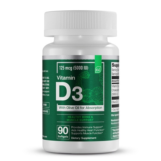 [BRSRAZDQOAJQODQZ] Essential Elements Vitamin D3 5000 IU - Softgels with Olive Oil - Bone, Muscle, & Immune Support - 90 Count