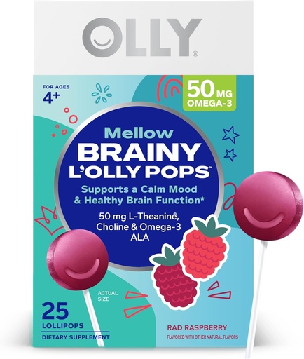 [BRSROBANAV6GE2DD] OLLY Mellow Buddies L’OLLY Pops, L-Theanine, Choline, Omega-3 ALA, Kids 4+ Dietary Supplement Lollipops, Supports a Calm Mood &amp; Healthy Brain Function,* Vegan, Raspberry Flavored, 25 Count