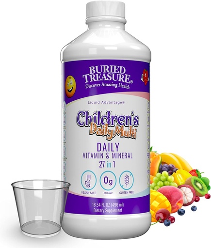[BRSWYZTRBYOWMDL4] Buried Treasure Children's Daily Multivitamin & Minerals Alimentari Vegan Supplemento per bambini Senza Ingredienti Artificiali Non OGM Natural Fruit Flavors, 16 oz w/Dose Cup