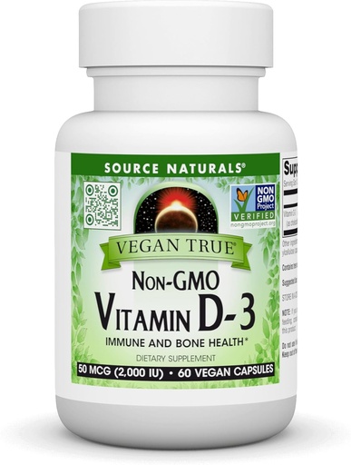 [BRSRMBICOJ7ROF36] Källa Naturals Vegan True, Non-GMO Vitamin D-3, Kosttillskott för immun och benhälsa *, 2000 IE - 60 kapslar