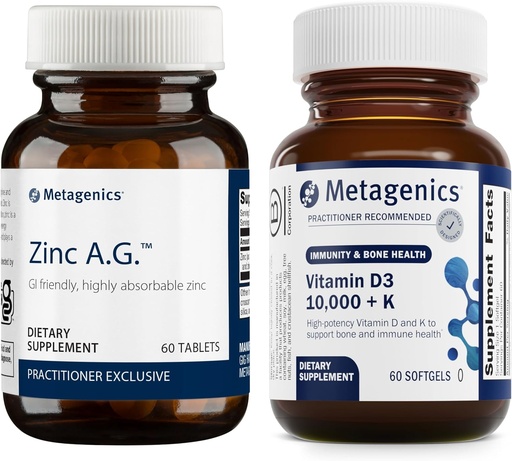 [BRSRAFTROECA43D2] Métagène - Zinc A.G. & D3 10 000 + K - 60 comprimés de Zinc A.G. pour le soutien immunitaire, la santé osseuse, le métabolisme énergétique - 60 Softgels de D3 10 000 + K pour le soutien immunitaire, la santé cardiaque
