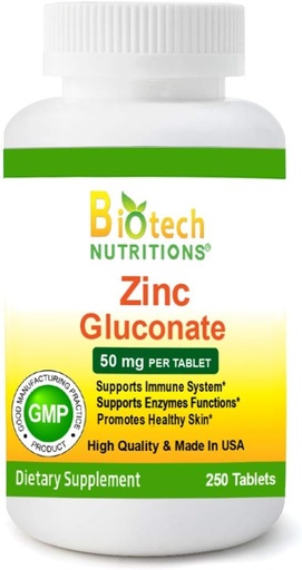 [BRSWGYYFAV5BA2QU] Zinc Gluconate 50 mg 250 Tablets Made in USA Vegetarian/Vegan Zinc Gluconate
