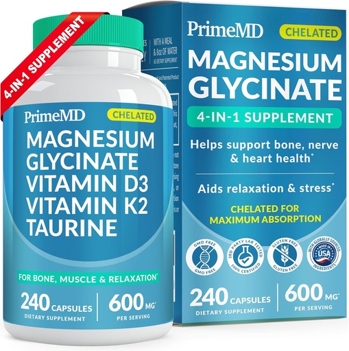 [BRSROAIZBVYGADTB] 4-in-1 Chelated Magnesium Glycinate 500mg với Taurine - Manesium Citrate cho Bone, cơ và thư giãn - Magnesium Glycinate Capsules với vitamin D3 K2 - Non-GO & Gluten free (40 ct)