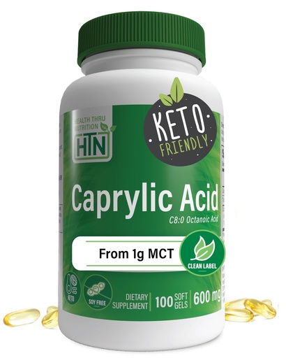[BRSWGAQPOINGYCL5] Health Thru Nutrition Caprylic Acid 600mg 100 Softgels | C8 Octanoic Acid from Pure 1g MCT Oil | Non-GMO & Soy Free | Support Healthy Digestive and Intestinal Health | Keto Friendly