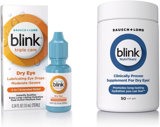 [BRSRAYL7OAHWK2DO] Blink Eye Drops for Dry Eyes, Triple Care Lubricant Eye Drops, Instantly Soothing, Moisturizing + Blink NutriTears Clinically Proven Supplement for Dry Eyes, 50 Softgels