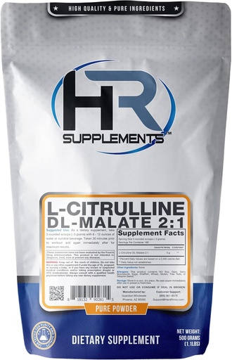 [BRSWIAYPDN7RS2IV] Suppléments RH L-Citrulline DL-Malate 2:1 Poudre, 500 grammes (1,1 lb), Non aromatisé, testé en laboratoire, Scoop inclus
