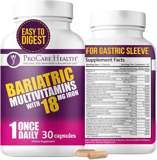 [BRSWEBI6BZ7AIC3J] ProCare Health Bariatric Multivitamin med järn 18mg (30 Lätt att svälja kapslar) - Post Op Bariatric Vitaminer för gastric Bypass Pills - Måste ha för Sleeve Patienter (1 Månadsförsörjning)