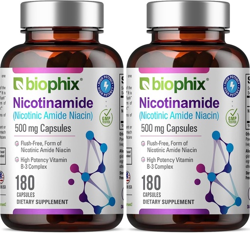 [BRSWICYPOEHBSCDM] Biophix B-3 Nikotinamidi 500 mg 180 Caps 2 Pakkaus - Nikotinic Amide Niacin Natural Flush-free-vitamiini Formula - tukee ihosolujen terveys