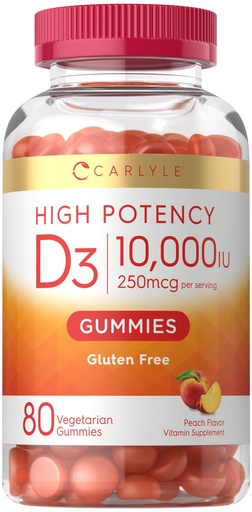 [BRSRAZQ3AV5BY2A4] Carlyle Vitamin D3 10000iu Gummies for Adults | 80 Count | Peach Flavored Gummy | High Potency for Women & Men | Vegetarian, Non-GMO, Gluten Free Supplement