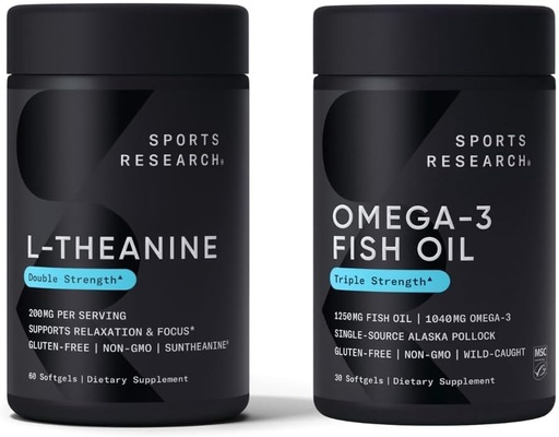 [BRSRAH37DIHQMG36] Sportforschung Double Strength L-Theanine Suntheanine für Fokus, Entspannung & Alertness Non-Drowsy-Unterstützung + Coconut Oil 60 Count & Triple Strength Omega 3 Fish Oil 1250mg Burpless Omega3 EPA & DHA